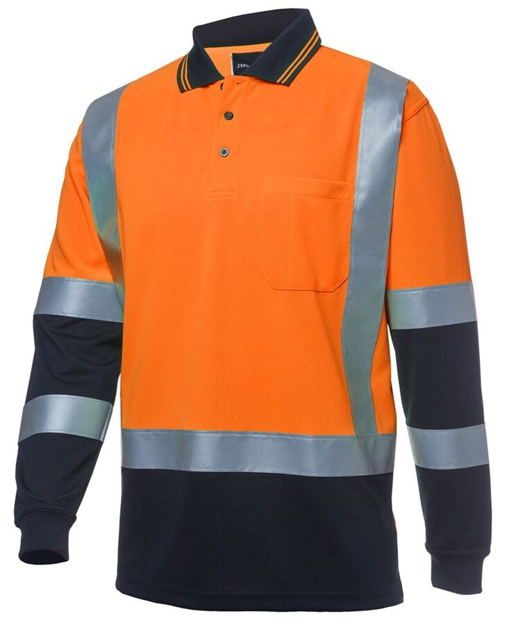 Orange and navy hi-vis polo with reflective tape
